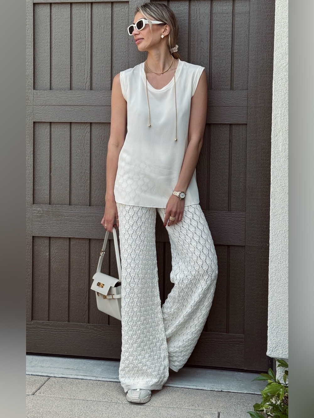 🔥MANGO wide leg crochet pants trousers in off-white size S, US 4